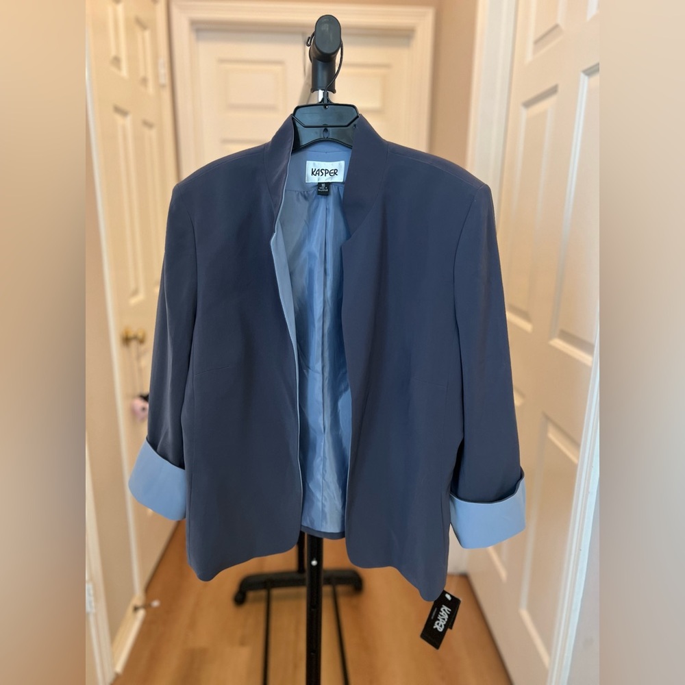 Kasper Navy Open-Front Cropped Blazer with Light Blue Lining